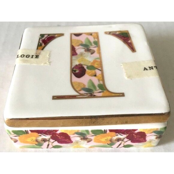 T-Monogram Anthropologie Trinket Box Porcelain White Gold Floral 2 3/4* 2 3/4*1" - Picture 5 of 8